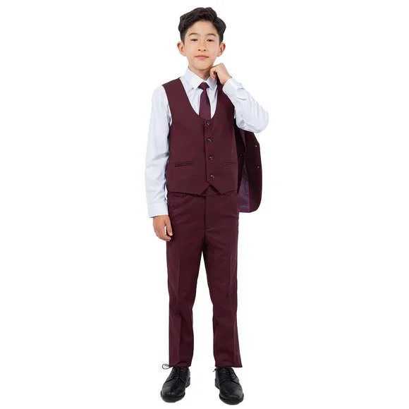 5-Piece Perry Ellis Portfolio Boys Slim Fit Solid Suit, Burgundy - Picture 4 of 6